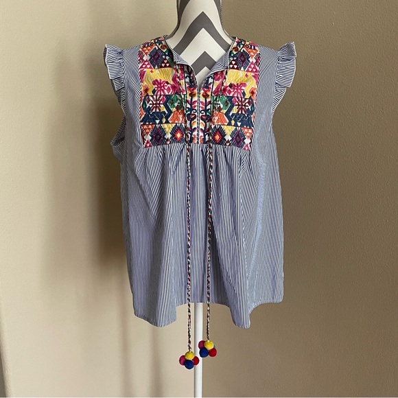 Tops - Striped Sleeveless Top with Embroidered Floral Design - Size: Large